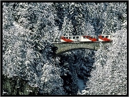 Pociąg, Zima, Drzewa, Ośnieżone, Most